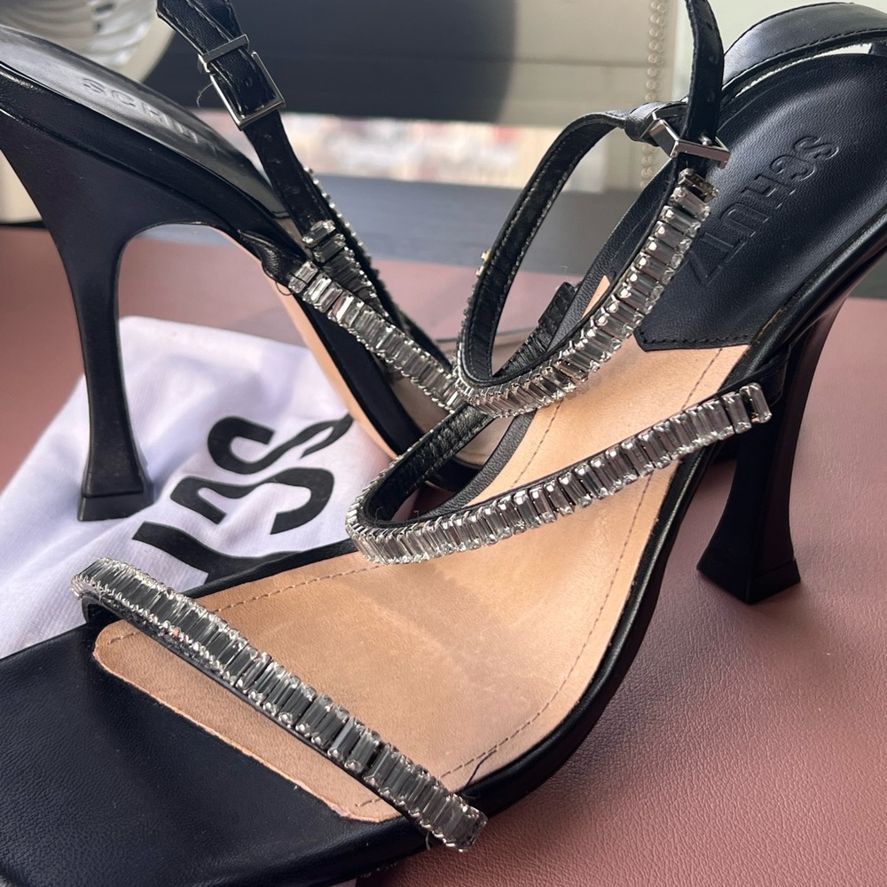 Schutz Nellina strappy Black sandals with crystals. 4 inch heel.